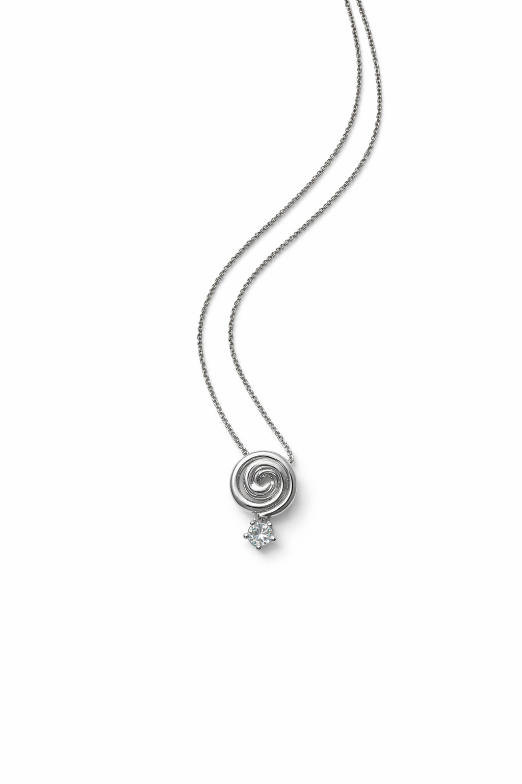 Cold Edges Alba silver spiral pendant necklace with a small stone, on a white background